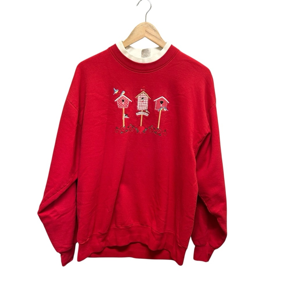 Vintage Slouchy Bluebird House Applique Red Cotton Blend Sweatshirt Top Size L